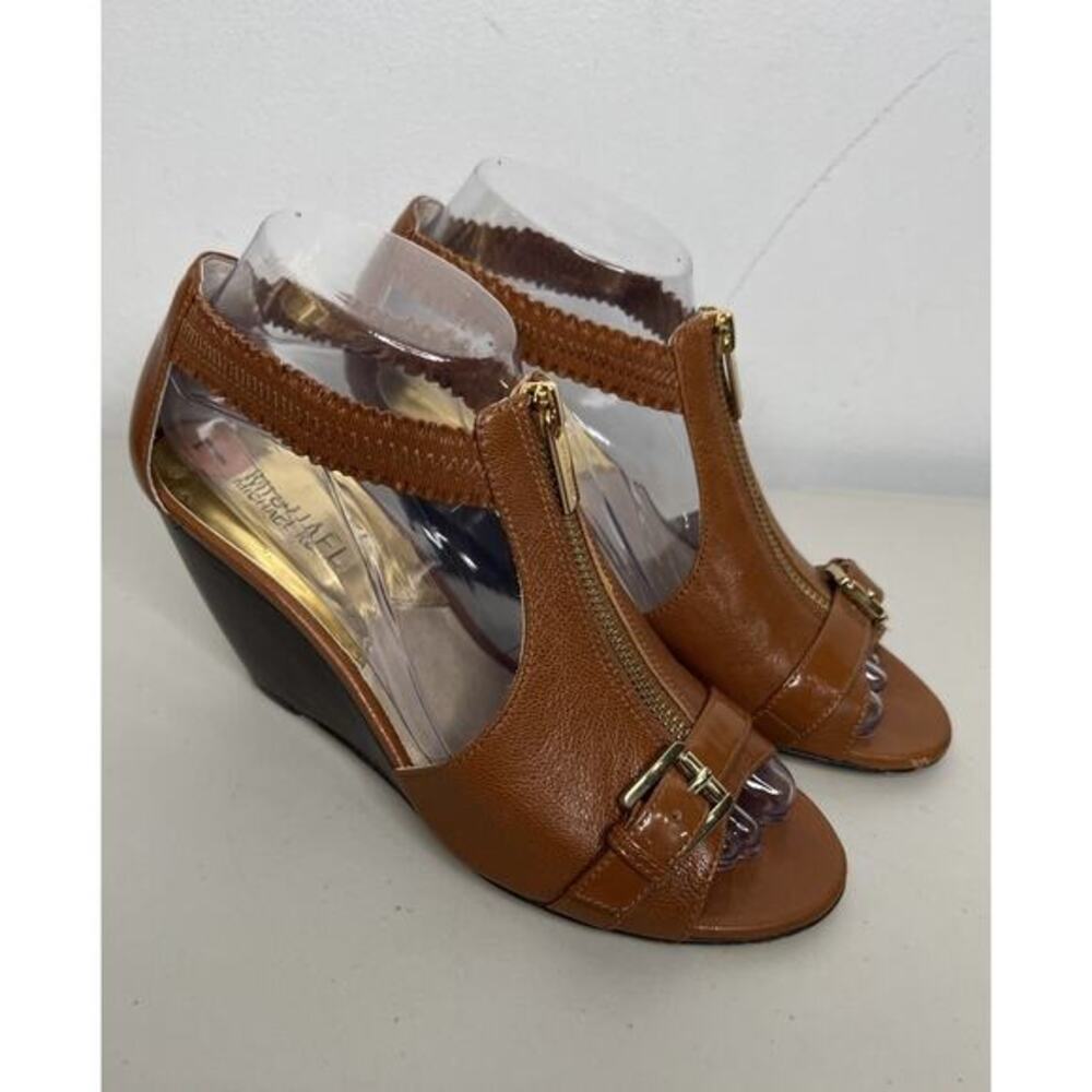 Michael Kors Women's Sandal Wedge Heel T-Strap Zip Shoe Tan Size 7